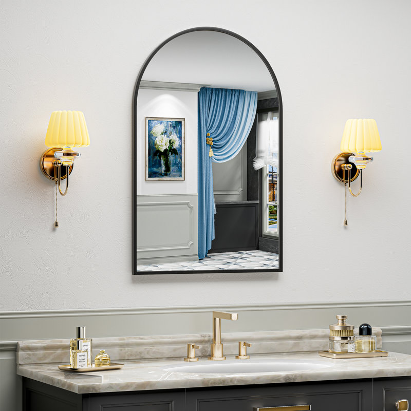 Matte Black Arch Vanity Mirror with Aluminum Alloy Frame, HD Tempered Glass, French Cleat Mounted Wall Decor Bathroom Vanity Mirror