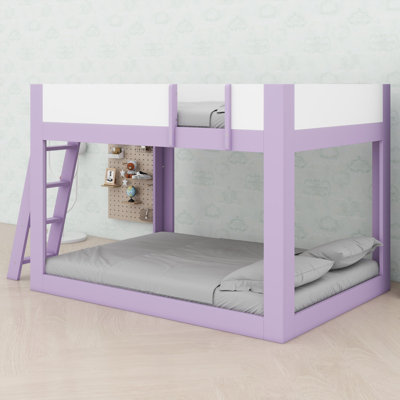 Full Size Low Bunk Bed, Wooden Convertible Bunk Bed with Reversible Ladder and Safety Guardrails, Purple+White