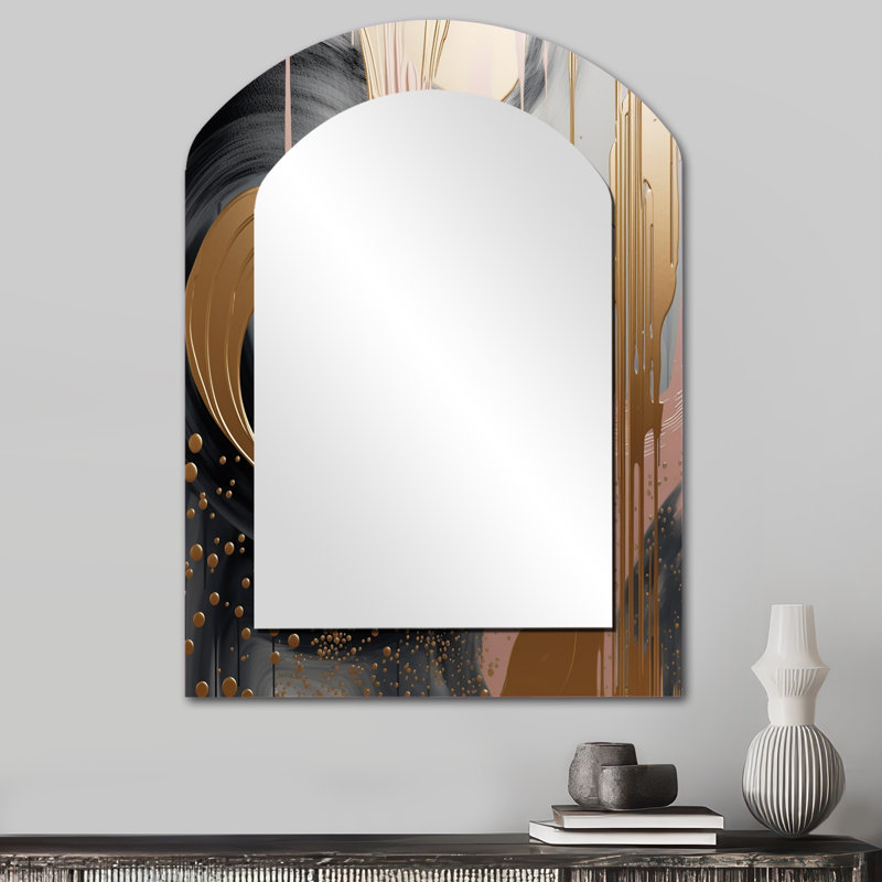 Abstract Pink and Gold Liquid ink circles III - Abstract Shapes Arch Unique Wall Mirror Decor, Gold Asymmetrical Large Mirror, Printed Metal Art