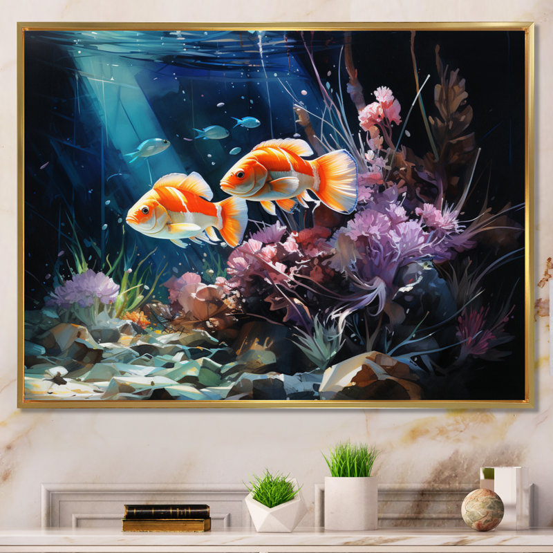 Aquariums Marine Wonders IX, reproduction d'art sur toile, H 34 po x l 44 po x P 1,5 po, Cadre flottant doré