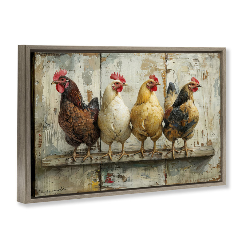  «Chickens In A Row» par LSR Design Studio, Cadre flottant orme Montalcino, H 21 po x l 31 po