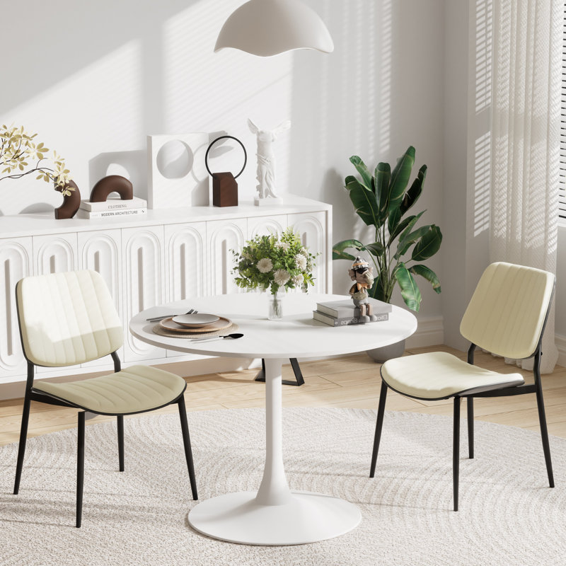 Modern Round 3 Piece Dining Room Table and Chairs Set, White, White, White