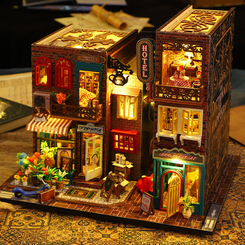 Ensemble de maison de poupée Hotel Scarborough - ensemble de chambre miniature Wizardi avec lumière DEL F07M51-73-ES009-A
