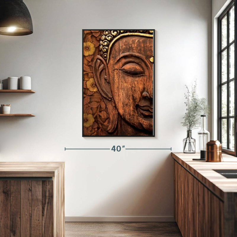 Visage de Bouddha sculpté, Cadre flottant noir, 27 po x 40 po