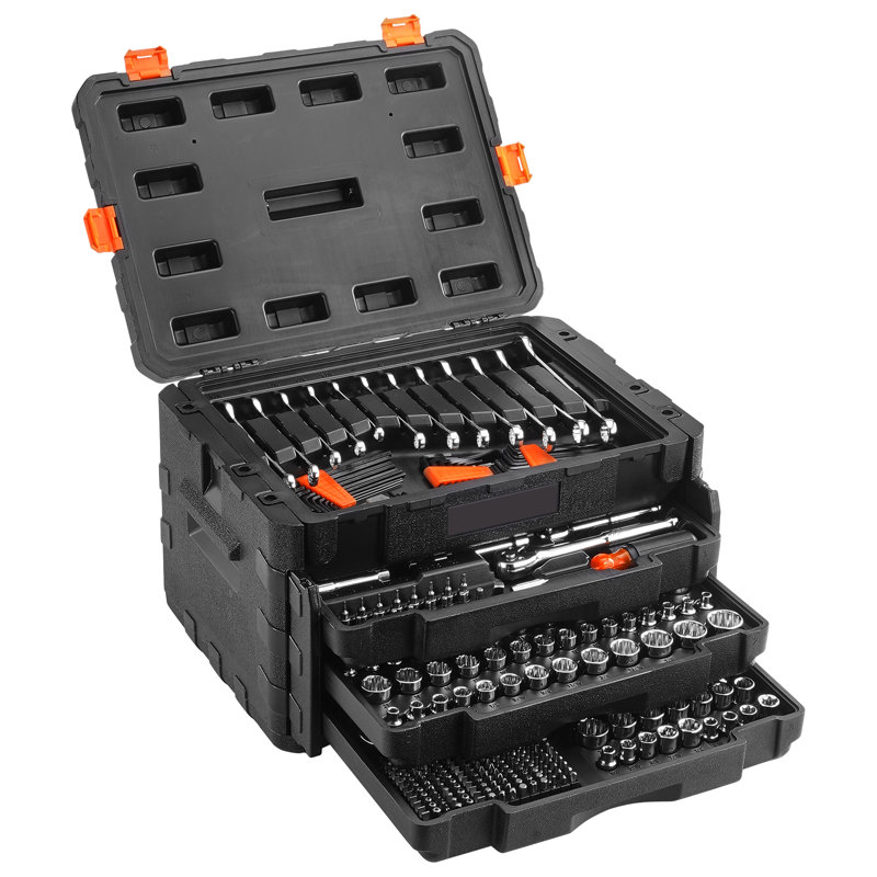 Trousse d'outils de mécanicien de 450 pièces avec douilles profondes et standard de 1/4 po 3/8 po 1/2 po, outils métriques, embouts, clés, clé combinée, accessoires dans un étui de rangement, alliage d'aluminium argenté pour divers