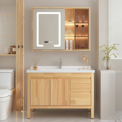 35.83"Natural Color Solid Wood Rubberwood Freestanding Bathroom Washbasin Vanity With a Mirror Cabinet