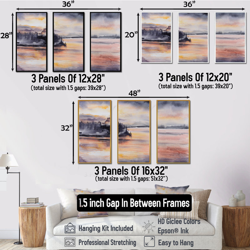 Ensemble de peinture sur toile 3 pièces, H 28 po x l 36 po x P 1 po, Cadre noir