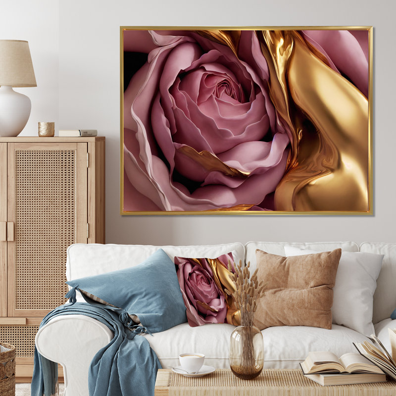 Exquise rose et doré Glam Roses I - impression, Cadre flottant noir, H 24 po x l 32 po x P 1 po