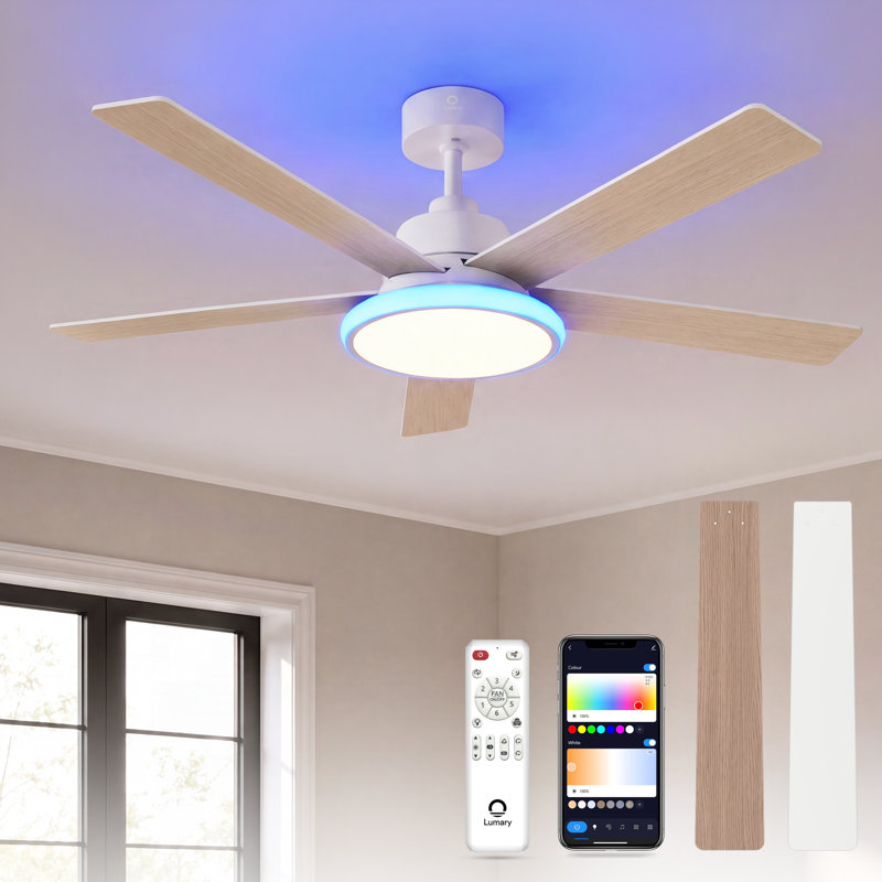 Lumary 52" Smart Ceiling Fan with Light, WiFi Bluetooth Low Profile Ceiling Fan with Alexa/Google/App, RGBAI & Dimmable & Color Tuning, 5"/10" downrods Mount(White)