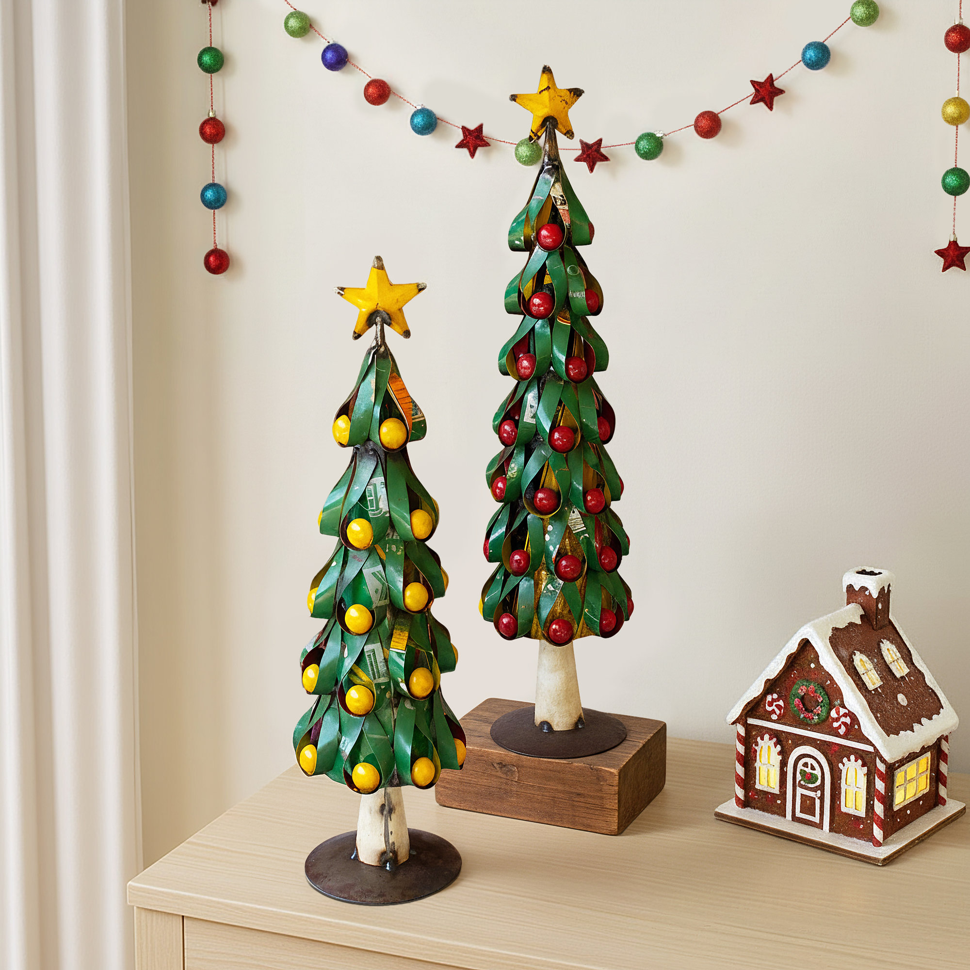 SET OF TWO RECYCLED METAL CHRISTMAS TREES W APPLES & LEMONS
