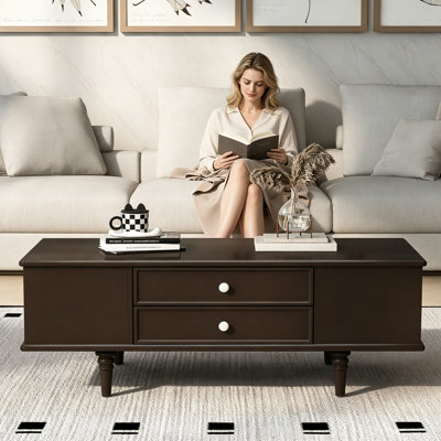 47.2" Wooden Coffee Table With Handles And Four Solid Wood Legs, Modern Style Coffee Table With Four Drawers, Rectangle Table With Two Side Hidden Storage Compartments