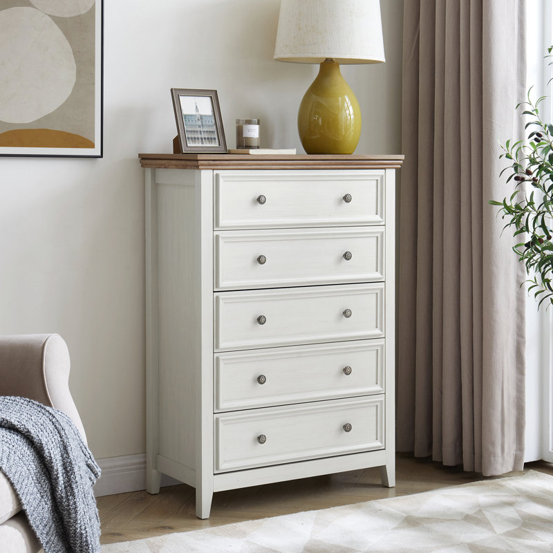Commode Hallstein avec 5 tiroirs, poignées en métal et surface en grain de bois, Beige/Brown