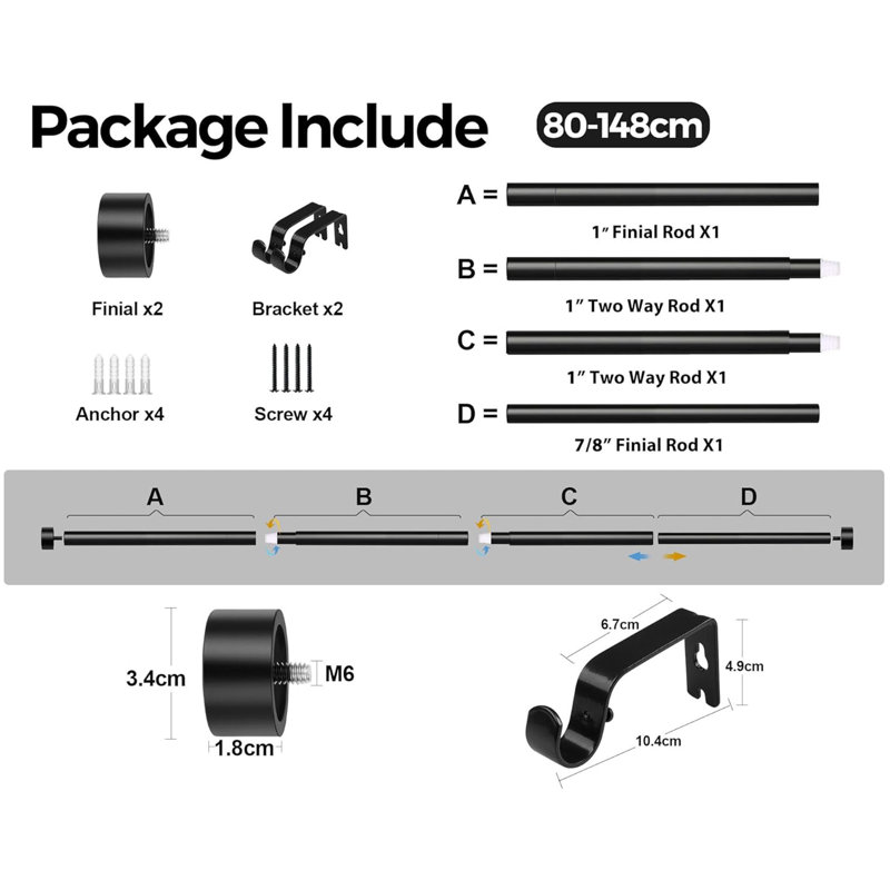 Curtain Pole 80 To 148 Cm, Extendable Curtain Rod With End Cap Finials, Matte Black