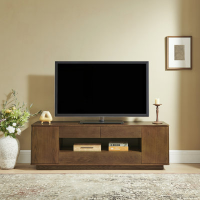 Mid Century Modern TV Stand With Open Storage, Side Cabinets, And Drawers, Walnut Finish For Tvs Up To 65 Inches, Perfect For Living Room And Office
