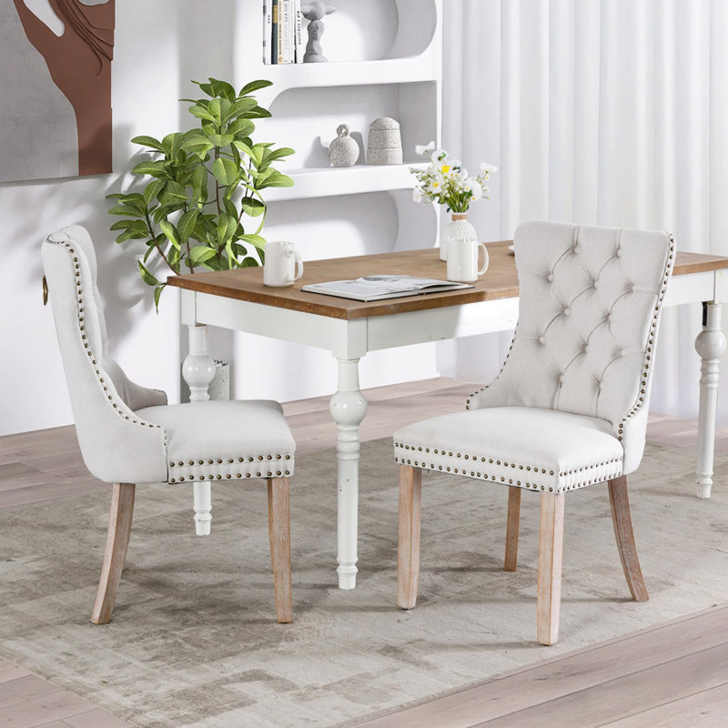 Chaises capitonnées Allena , Mélange de lin blanc, 2, Natural Wood