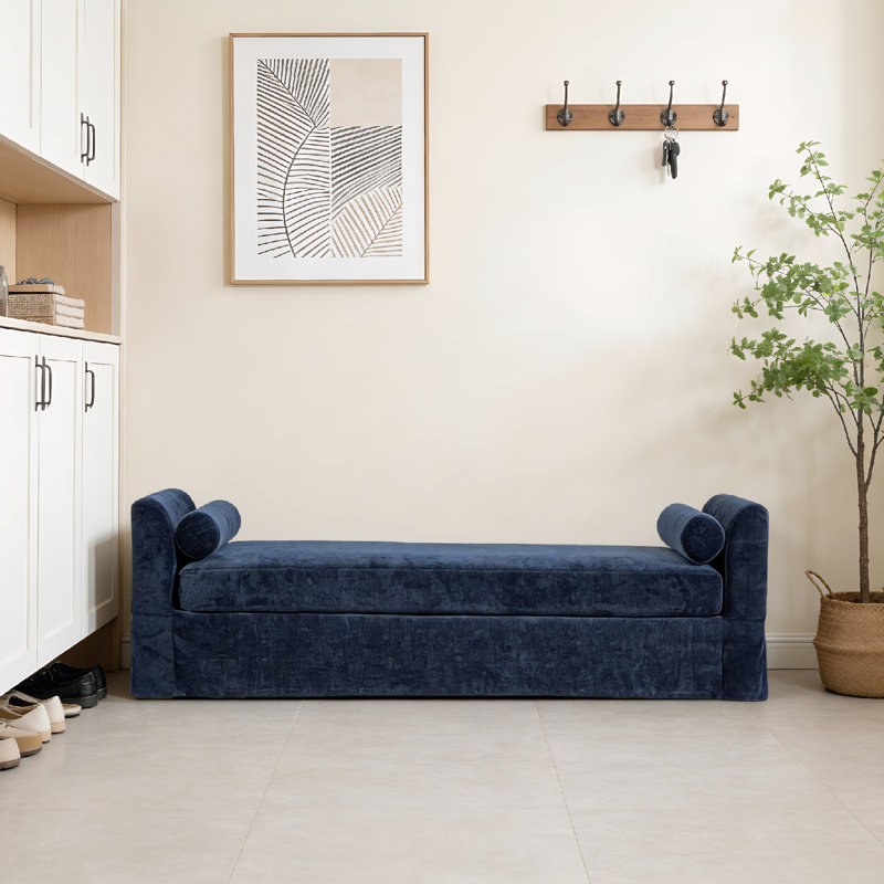 88.5" W Slipcovered Chenille Upholstered Bench, Navy
