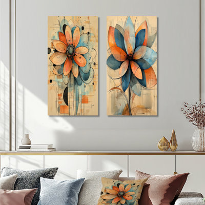 Pastel géométrique Dahlia Twist I - ensemble de 2 décorations murales en métal surdimensionné floral orange