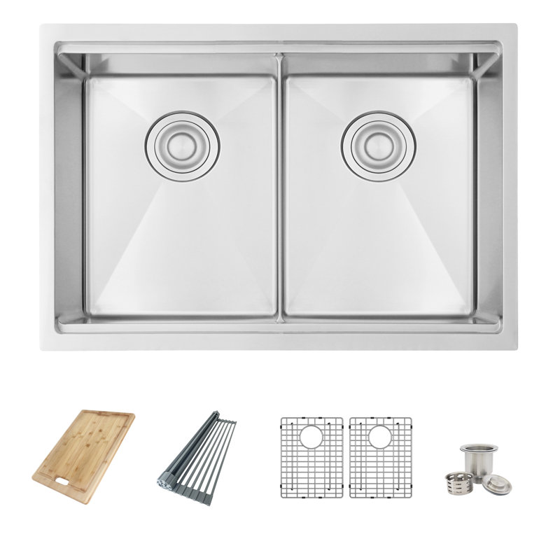 AZUNI Avanti Undermount 28 inch Stainless Steel Double Bowl Kitchen Sink