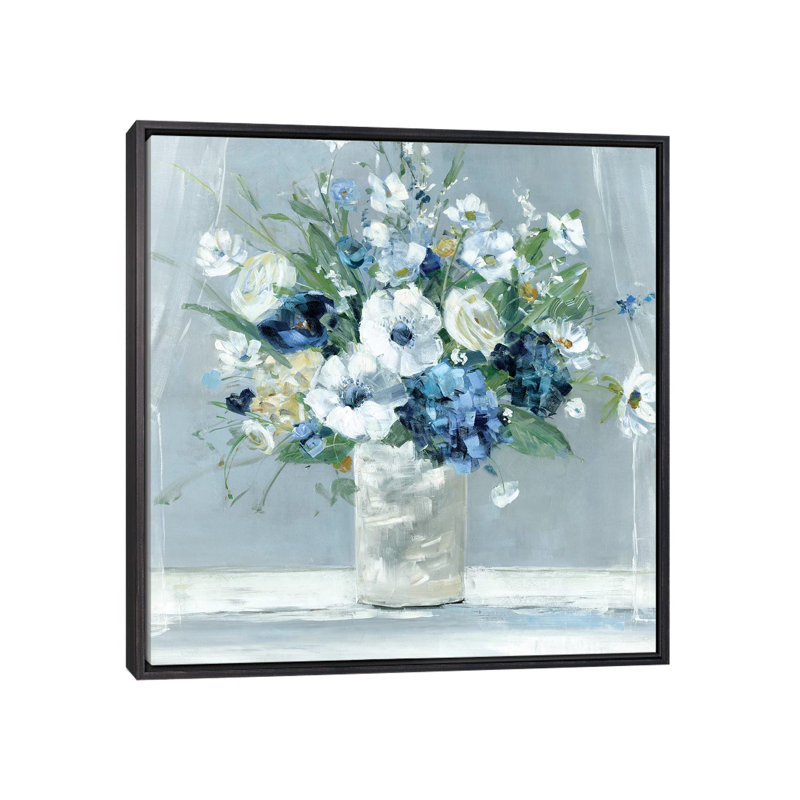 «Be Happy Blue» par Sally Swatland - reproduction d'art, H 18 po x l 18 po x 1,5 po, Toile avec cadre noir patiné