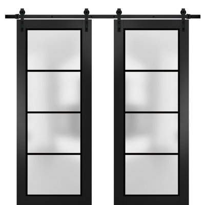 Porte de grange double robuste avec verre dépoli Planum 2132, rail noir mat de 4 m (13 pi), porte intérieure moderne à panneaux pleins - 213 cm x 213 cm (2 x 107 cm x 213 cm) - Rail noir