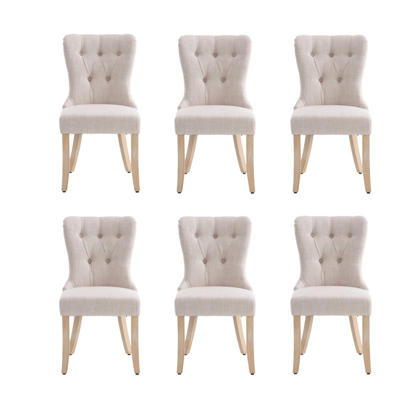 Chaise de salle à manger rembourrée avec bouton - dossier capitonné et pieds en bois, Beige, 6