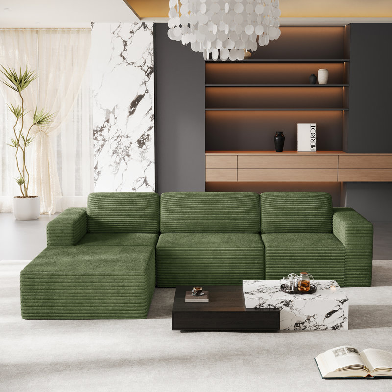 Modular Corduroy 303cm 3-seater Sofa With 1 Ottoman, No Assembly Required, With High Rebound Sponge, Green