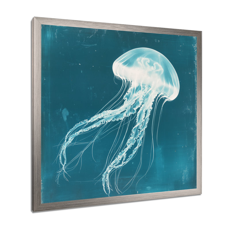 Méduse bleu sarcelle profond I - Photogramme marin encadré, H 30 po x l 30 po, Silver Picture Framed