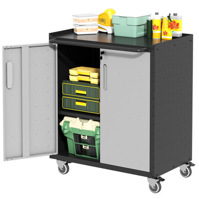 Metal Garage Storage Cabinet With Wheels - Lockable, Spacious. To Rust, Scratches & . Black + Gray. 29.99"W X 16.44"D 34.63"H Lockable Moving For Office. Ample Space, Adjustable Shelves.