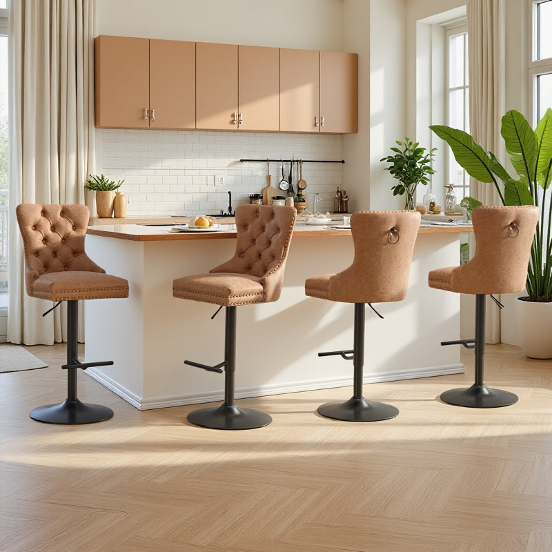 Retro Pu Adjustable Swivel Bar Stools Set Of 4, Tufted Barstools With Back, 3 Colors, Orange