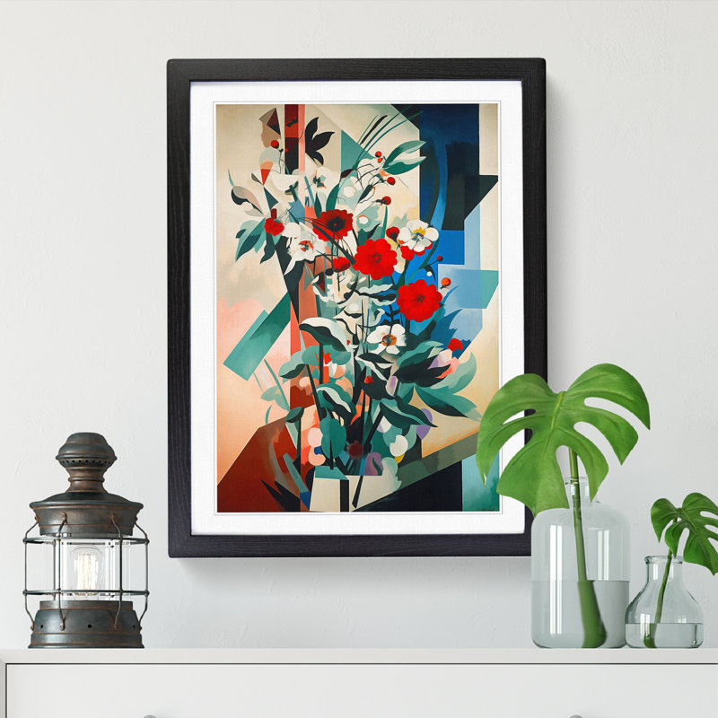 FRM-V0523-864X Flowers Bauhaus Style Vol.1 - Single Picture Frame Print, Black Framed, 64cm H x 46cm W x 2cm D