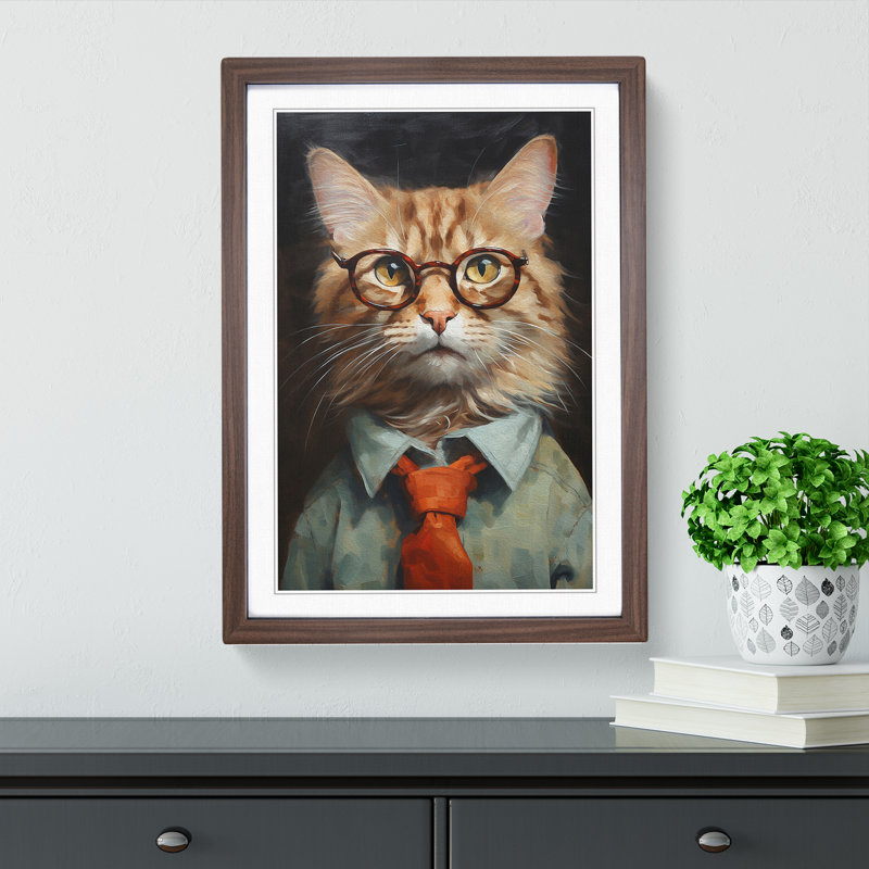 Cat With Glasses No.2 - Single Picture Frame Print on Wood, Walnut , 46cm H x 34cm W x 2cm D