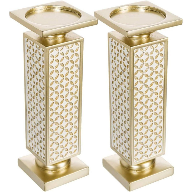 Bougeoirs décoratifs à colonne, ensemble de 2 décorations de table fonctionnelles - centres de table pour la salle à manger / salon (or et blanc)
