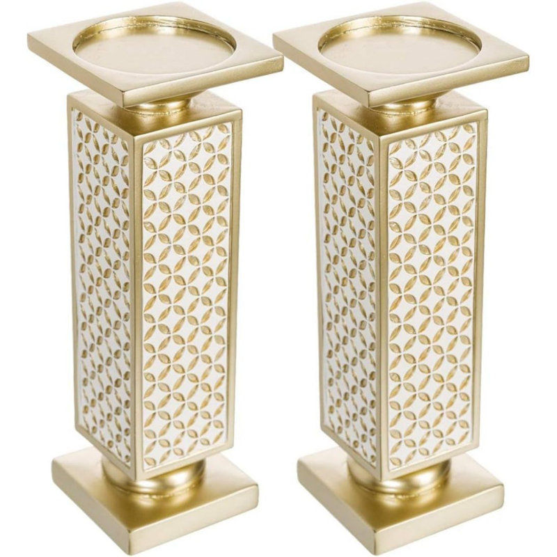 Decorative Pillar Candle Holders, Set Of 2- Functional Table Decorations- Centerpieces For Dining/Living Room(Gold & White)