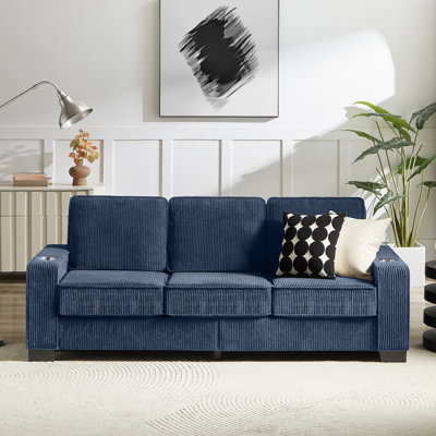 83.86 Corduroy Fabric Sofa, Modern 3-Seater Couch With Built-In Cup Holders, Durable And Pet-Friendly