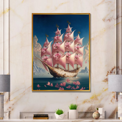 Bateau surréaliste avec des voiles en fleurs roses II - reproduction sur toile