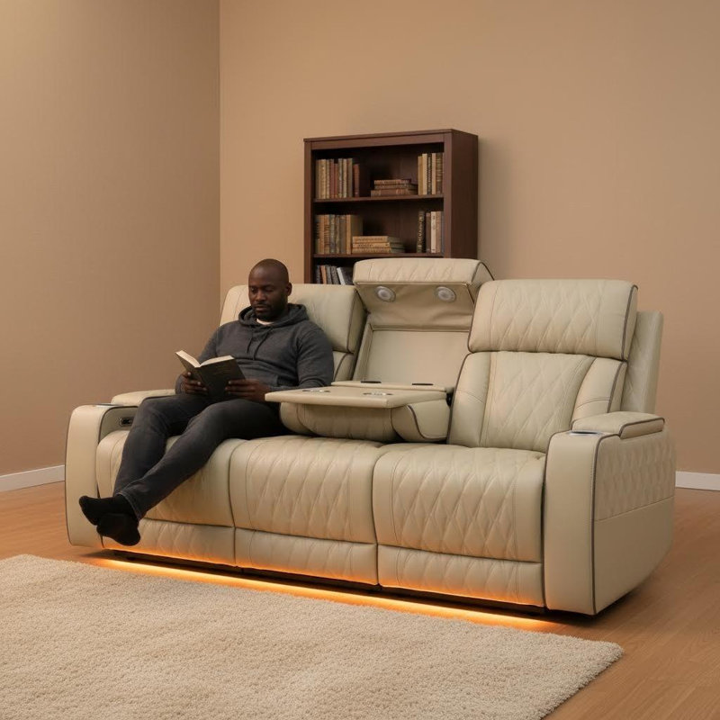 Canapé inclinable électrique en cuir Beige Breathing