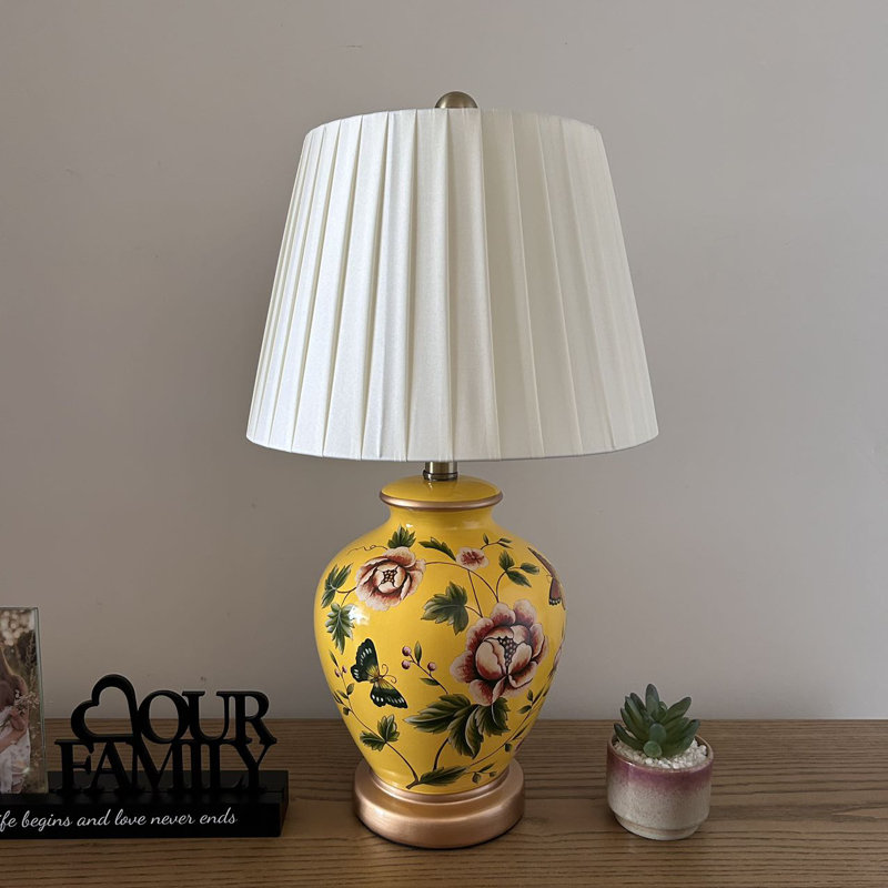 Yellow Ceramic Table Lamp Butterfly Flowers LED Blub Included 12"W*12"D*22"H