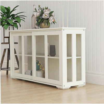 White Kitchen Storage Stand Cupboard with Glass Sliding Doors and Adjustable Shelf, E1 Grade MDF