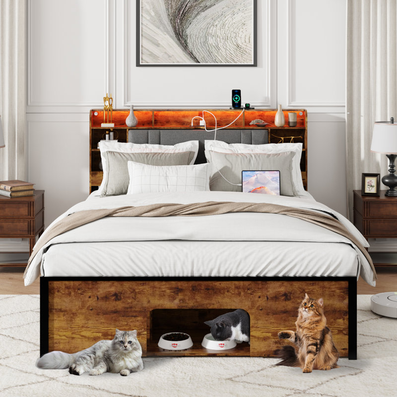 Bed Frame with Pet Space, LED Light Headboard and Charging Station