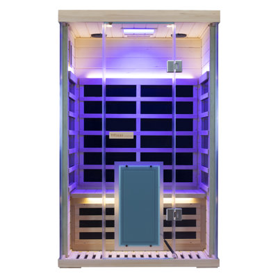Wizzisaunas Indoor Far Infrared Sauna for 2 Person, Red and Blue Light Therapy, 1850W/120V, Maximum Temperature 158°F, Hemlock Wood, Remote Temperature Control Via App, Tempered Glass Door, Built-In Bluetooth Speaker, Easy Assembly