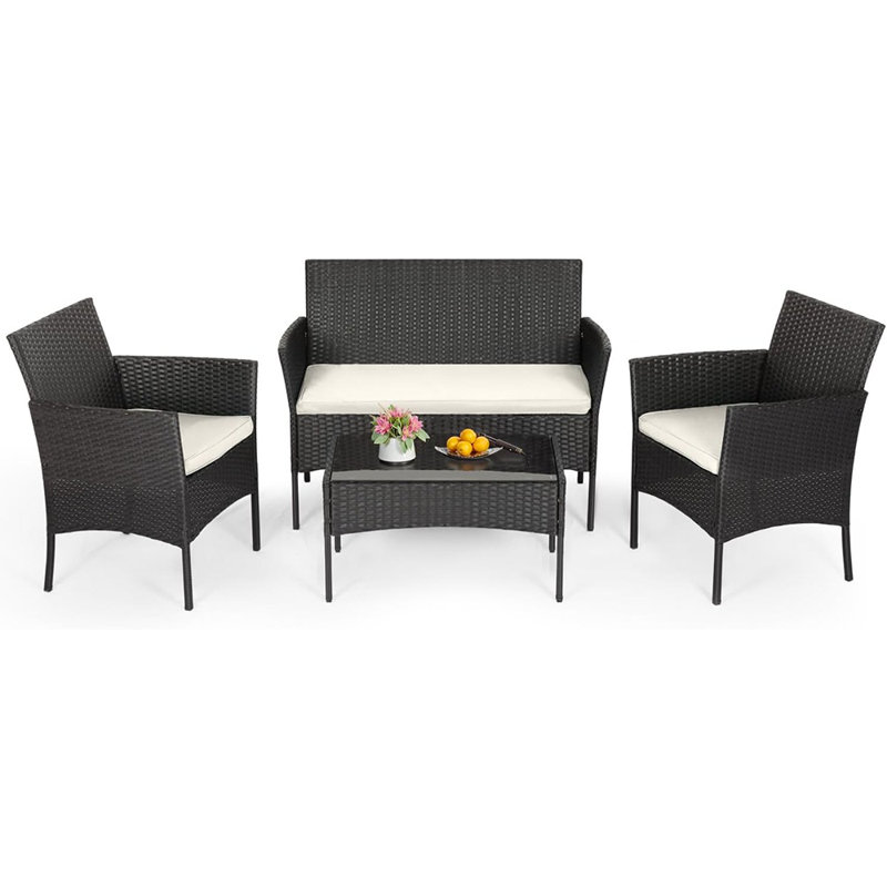 4-Piece Patio Furniture Set | Outdoor Wicker Furniture With Coffee Table | Modern Rattan Chairs Conversation Set | Outdoor Seating | Weather-Resistant | Black | For Porch, Garden, Lawn