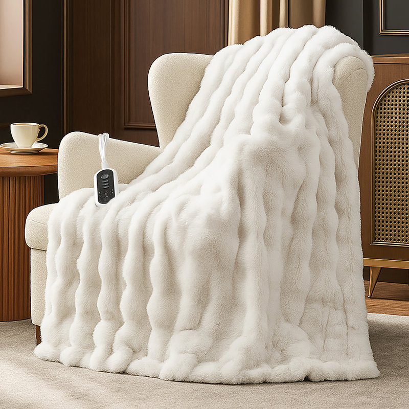 Jeté chauffant en fausse fourrure avec 8 réglages de température intelligents, Queen, Off White