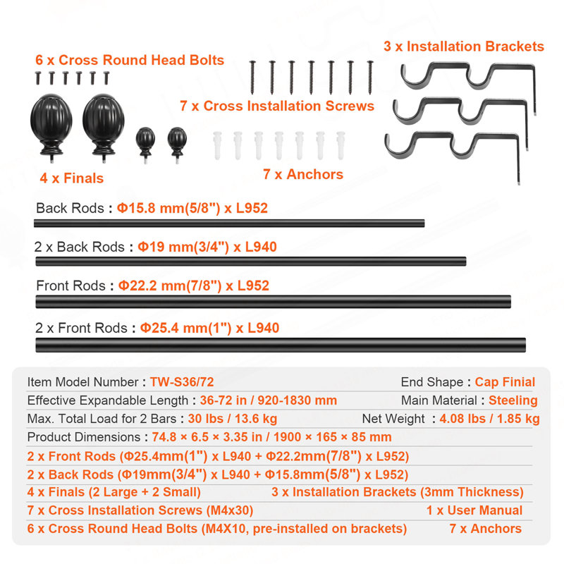 Tringle à rideaux double, longueur réglable de 36 à 72 pouces (3 à 6 pi), tringle à rideaux double noire avec embouts ronds, diamètre de 1 po et 3/4 po, tringle à rideaux double pour rideaux transparents et occultants