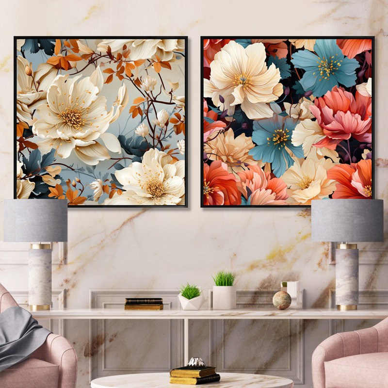Motif floral de couleur pastel - ensemble de 2 collages floraux carrés, Cadre flottant noir, H 30 po x l 61 po