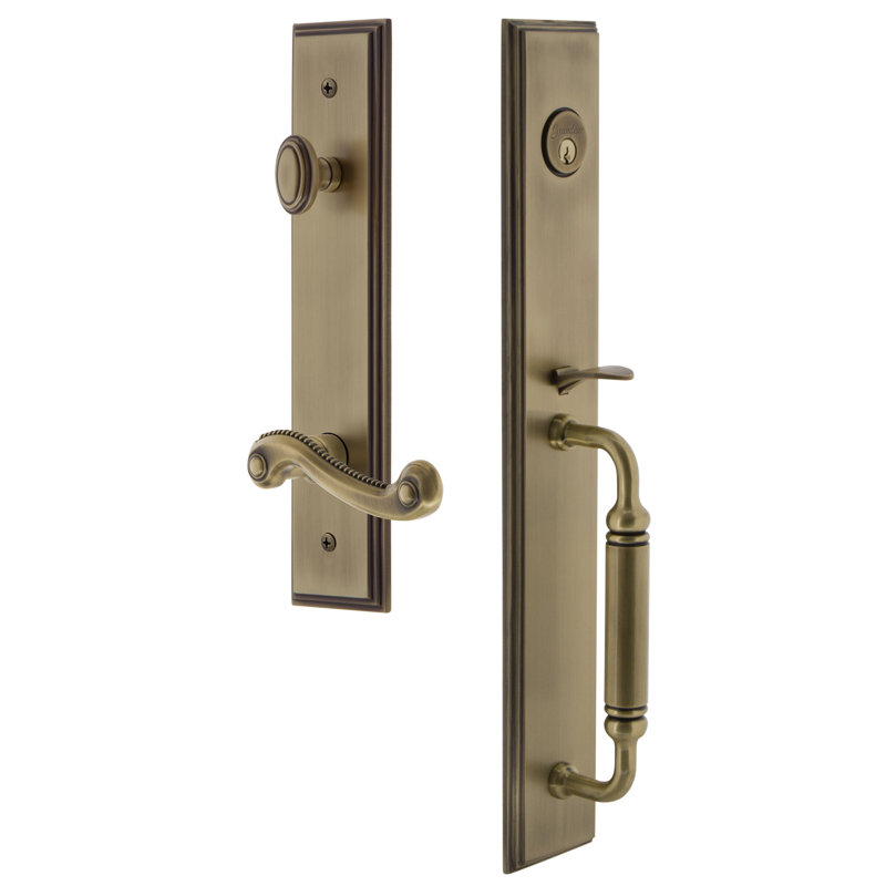 Carré Handleset with Deadbolt and Newport Door Lever and Rosette, Vintage Brass, Right, 2.75"