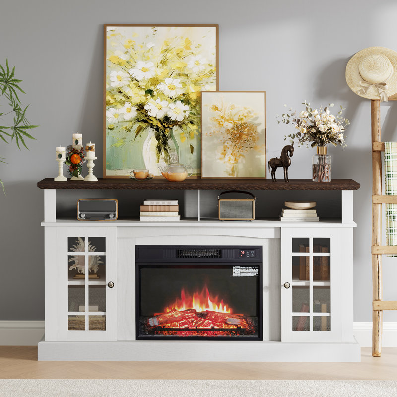 Classic Fireplace Tv Stand With Adjustable Shelves, Glass-Door Storage & Optional Fireplace Insert, White/Dark Brown