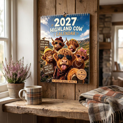 Ensemble de calendrier de bureau à faire soi-même 2027 - Calendrier mural vache - Calendrier mensuel vache écossaise humoristique avec citations positives - Décoration murale sur le thème de la ferme