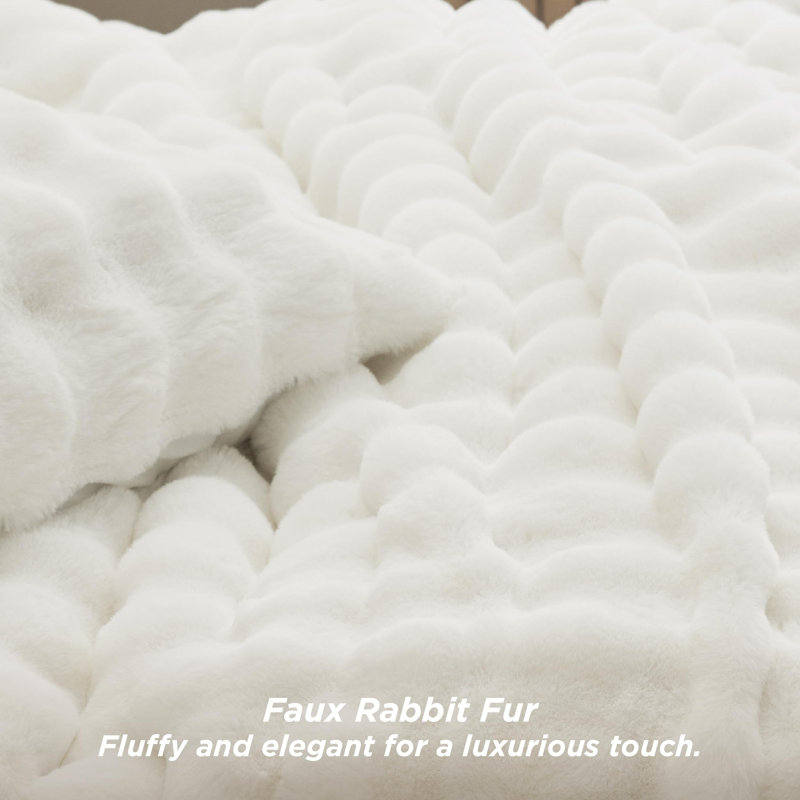 Ensemble d'édredon en fausse fourrure, Édredon grand + 2 taies d'oreiller standard, Blanc