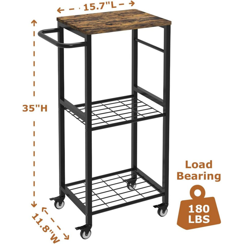 3-Tier Rolling Kitchen Cart Microwave Stand On Wheel, Movable Coffee Bar Cart With Metal Handle, Bakers Rack With 8 Hooks Utility Cart For Living Room, Bedroom, Bathroom, Office, Black