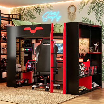 Full Size Wood Loft Bed With Integrated Power Hub, Cable Management, And RGB Lighting For Ultimate Gaming And Study Space